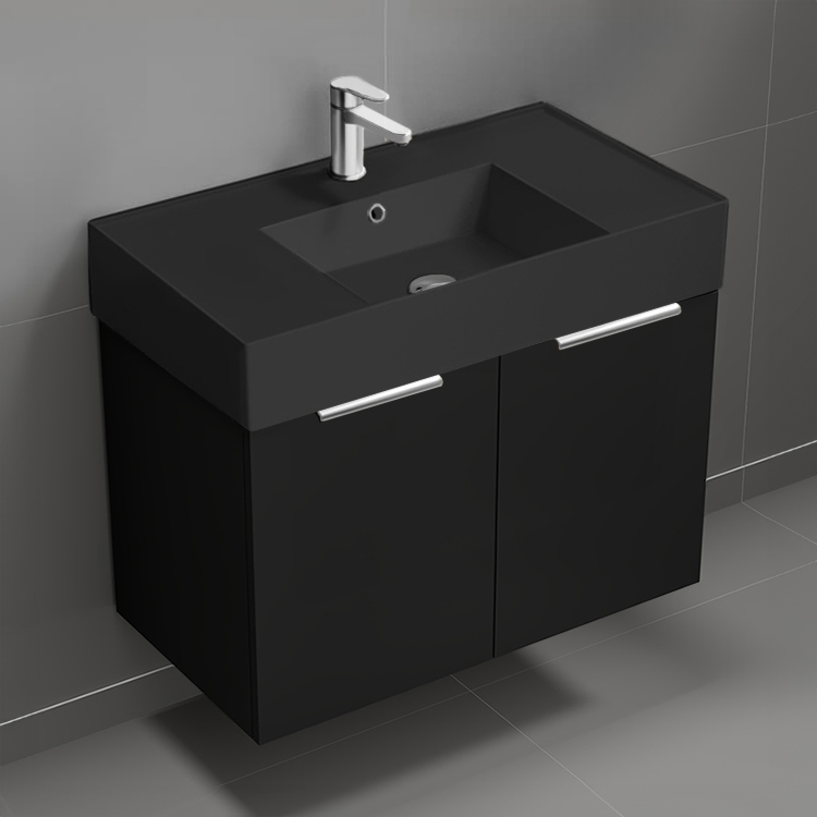 Nameeks DERIN717 32 Inch Black Bathroom Vanity With Black Sink, Floating, Modern